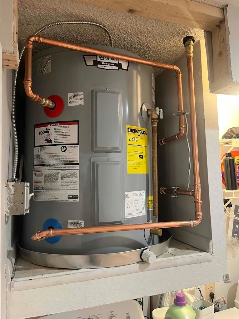 A water heater surrounded by copper pipes